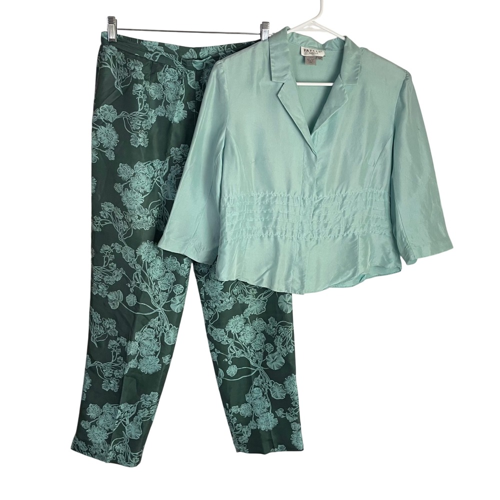 Papell Petites‎ Silk Floral Pant Suit Size 12P Green 2 Piece Set Blouse Pants
